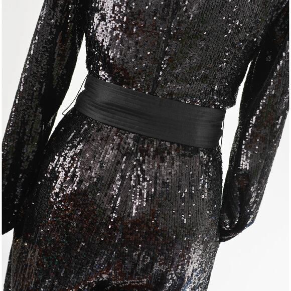 Express Black Sequin Long Sleeve Jumpsuit with Tie Belt and Pockets size S - Picture 8 of 9